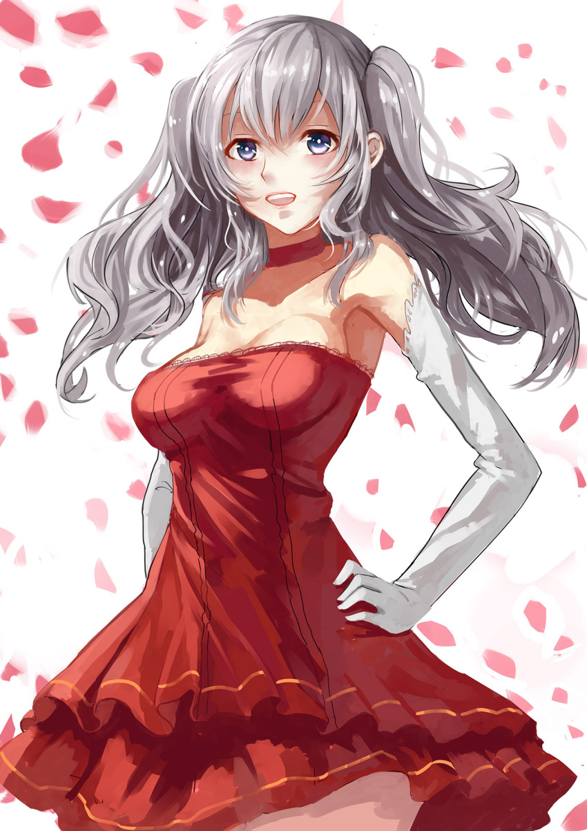 1girl blue_eyes blush breasts choker dress elbow_gloves gloves hand_on_hip highres kantai_collection kashima_(kantai_collection) petals red_dress silver_hair sketch solo wenhe