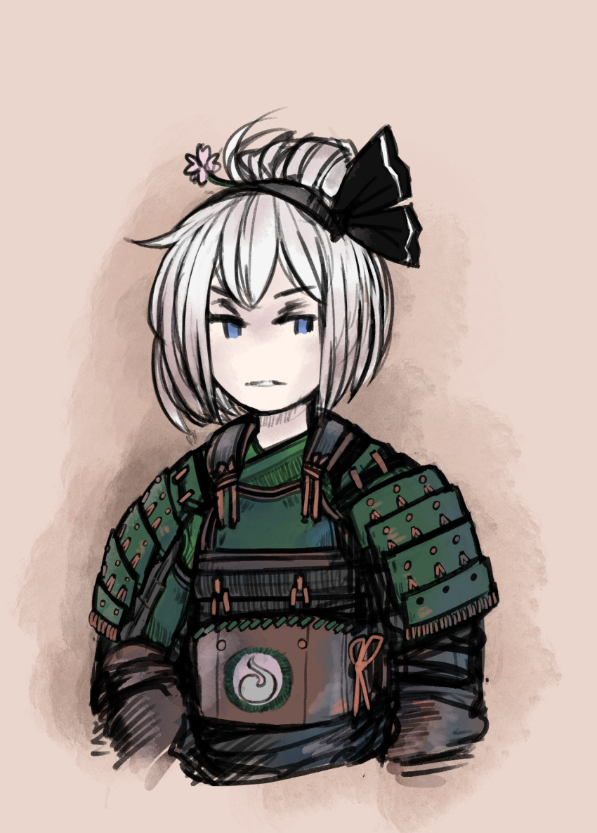 1girl alternate_costume alternate_hairstyle armor blue_eyes flower hair_bun hair_flower hair_ornament hairband highres insignia japanese_armor konpaku_youmu looking_to_the_side no_pupils parted_lips short_hair silver_hair simple_background sketch solo touhou upper_body zana