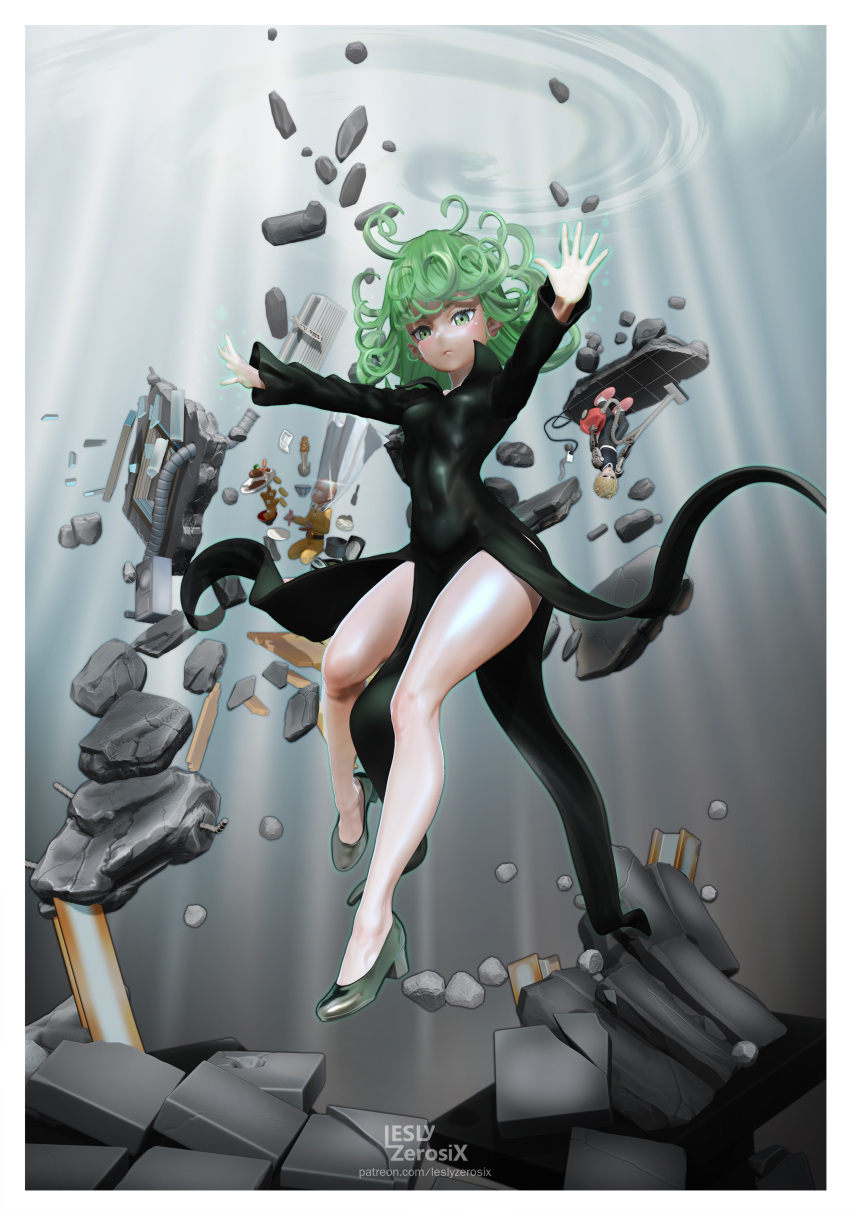 1girl 2boys 3d absurdres air_conditioner artist_name bald black_dress black_footwear black_sclera blonde_hair broken_glass cleaning curly_hair cyborg dress electric_socket floating full_body genos girder glass glowing glowing_hand green_eyes green_hair high_heels highres leslyzerosix levitation long_sleeves looking_at_viewer miso_soup multiple_boys nattou one-punch_man open_hands outstretched_arms rebar rice rice_bowl rice_cooker rice_spoon rubble saitama_(one-punch_man) seiza short_hair sitting skin_tight slippers solo_focus sparkle tatsumaki telekinesis thighs vacuum_cleaner watermark window