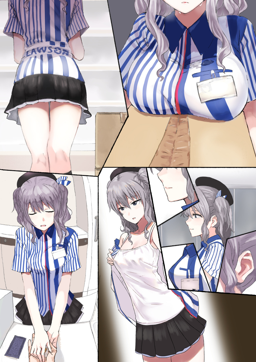1girl absurdres ass breast_rest breasts employee_uniform from_below hat highres kantai_collection kashima_(kantai_collection) large_breasts lawson ogros silver_hair skirt solo sweat sweating twintails undressing uniform