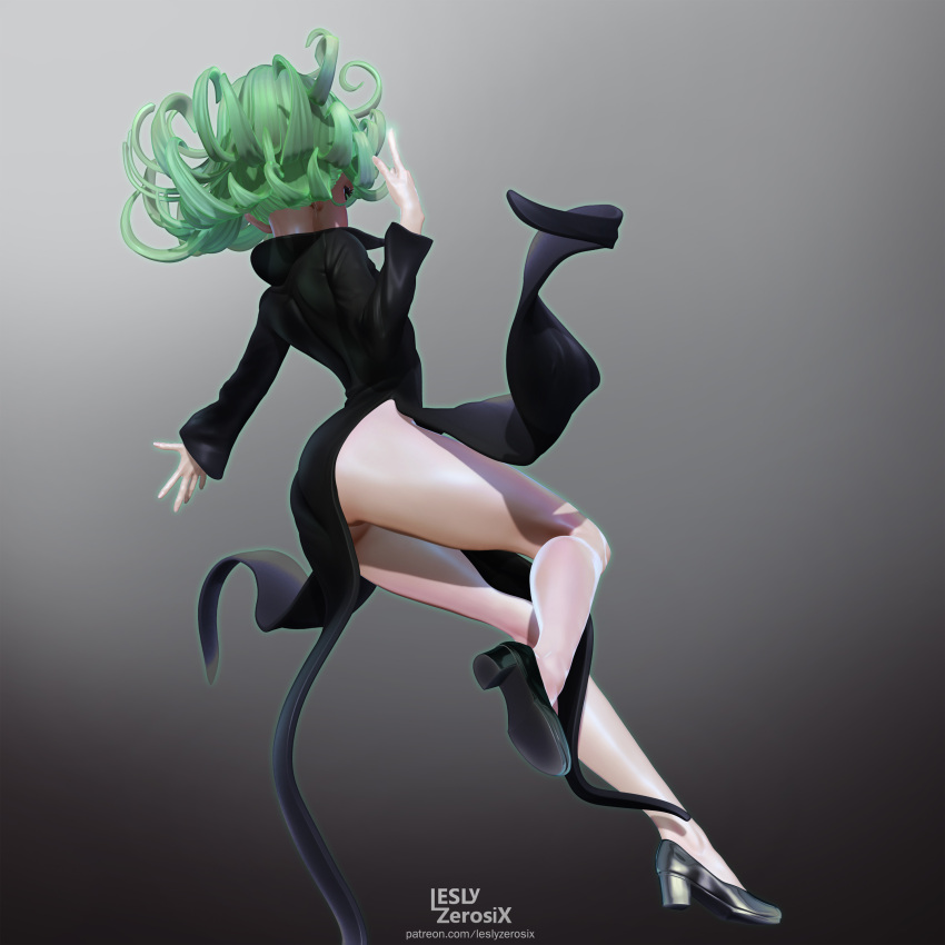 1girl 3d absurdres artist_name ass black_dress black_footwear curly_hair dress floating from_behind from_below from_side full_body glowing glowing_hand green_hair high_heels highres leslyzerosix long_sleeves one-punch_man open_hand outstretched_arm pointing pointing_up skin_tight solo tatsumaki thighs watermark