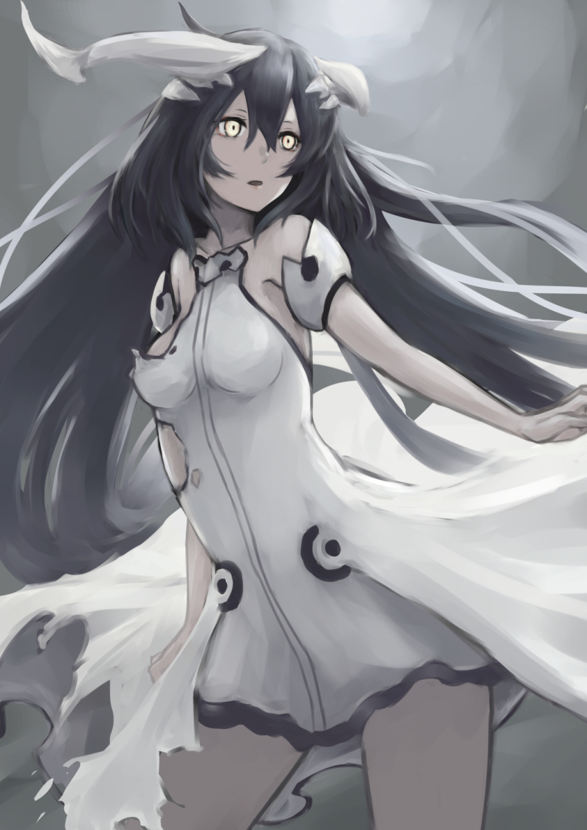 1girl alternate_eye_color anchorage_water_oni bare_shoulders black_hair breasts dress hair_ornament highres horns kantai_collection long_hair looking_to_the_side multicolored_hair open_mouth overskirt pale_skin senaya_eru shinkaisei-kan sleeveless sleeveless_dress solo torn_clothes torn_dress very_long_hair white_dress white_hair white_skin yellow_eyes