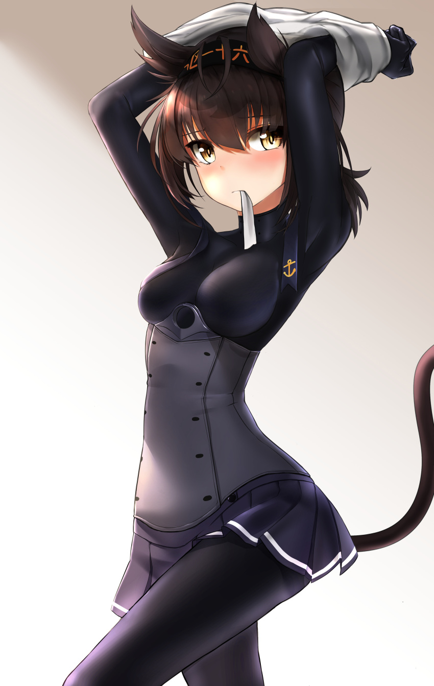 1girl absurdres anchor_symbol arms_up bangs black_bodysuit black_skirt blush bodysuit breasts brown_hair cat_tail clothes_writing corset frown gradient gradient_background hair_between_eyes hairband hatsuzuki_(kantai_collection) highres kantai_collection kemonomimi_mode looking_at_viewer miniskirt mouth_hold nekodayo22 pleated_skirt pointy_hair ribbon ribbon_in_mouth school_uniform serafuku shirt shirt_over_head shirt_removed skirt solo tail undressing white_ribbon white_shirt yellow_eyes