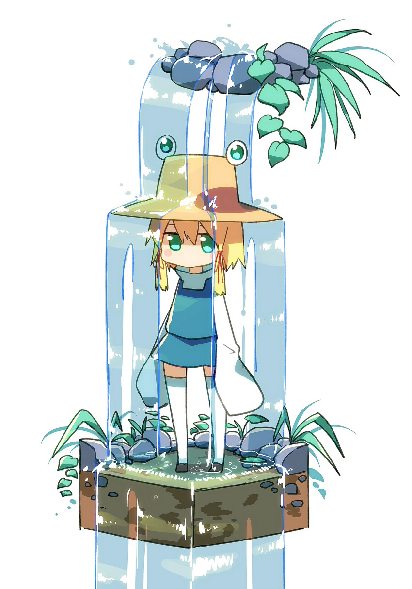 1girl ayakashi_(monkeypanch) blonde_hair green_eyes hat highres long_sleeves moriya_suwako solo touhou water waterfall white_legwear wide_sleeves