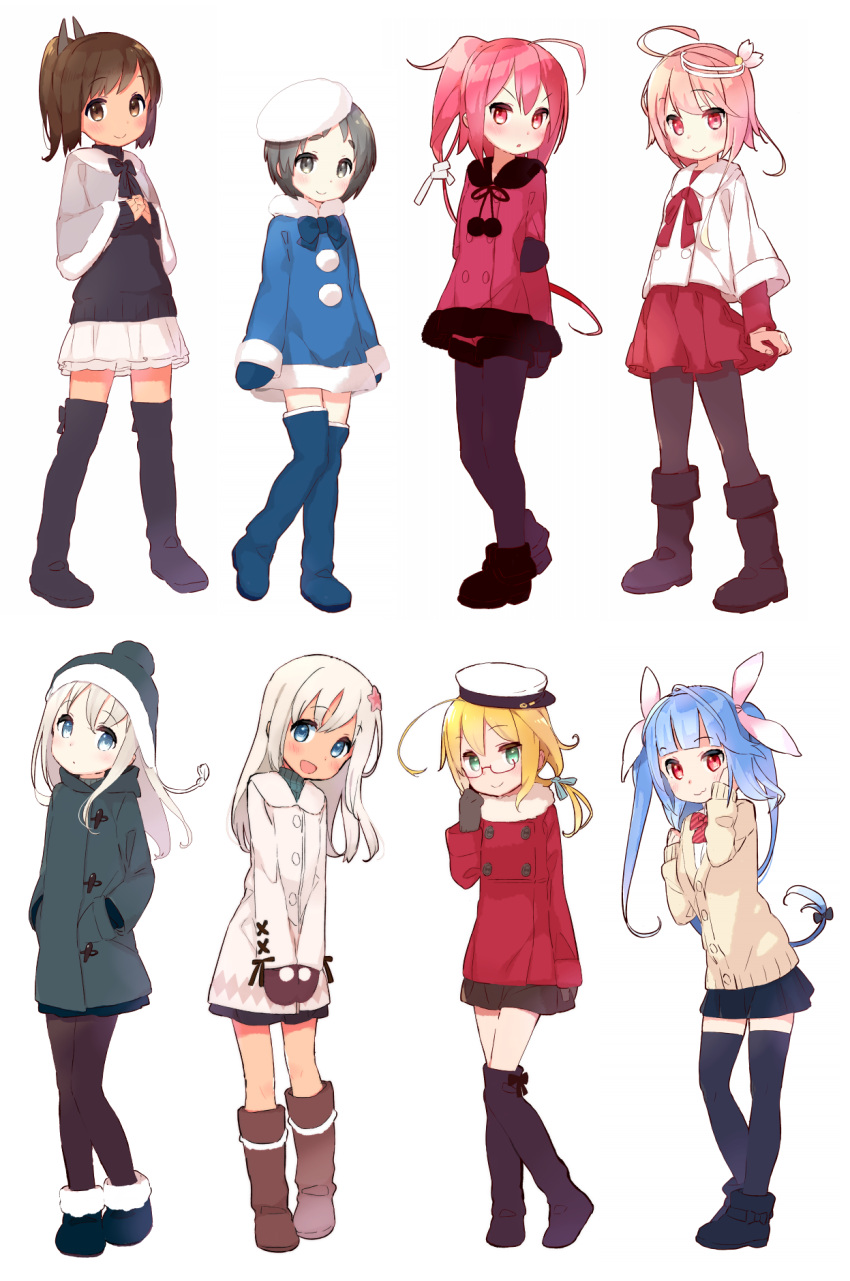 6+girls :3 alternate_costume beret black_eyes black_hair blonde_hair blue_eyes blue_hair blush boots bow brown_eyes brown_hair capelet coat dress dual_persona flower full_body glasses gloves green_eyes hair_flower hair_ornament hair_ribbon hands_in_pockets hat head_tilt highres i-168_(kantai_collection) i-19_(kantai_collection) i-401_(kantai_collection) i-58_(kantai_collection) i-8_(kantai_collection) kantai_collection long_hair looking_at_viewer low_twintails maru-yu_(kantai_collection) mittens muhogame multiple_girls open_mouth pantyhose peaked_cap pink_hair pleated_skirt ponytail red_eyes redhead ribbon ro-500_(kantai_collection) school_uniform short_hair shorts skirt smile solo standing sweater tan thigh-highs thigh_boots turtleneck twintails u-511_(kantai_collection) white_background winter_clothes