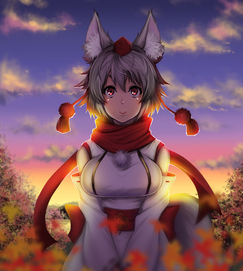 animal_ears autumn_leaves bare_shoulders breasts detached_sleeves hat highres inubashiri_momiji large_breasts looking_at_viewer naolan nature obi pom_pom_(clothes) red_eyes red_scarf sash scarf short_hair silver_hair sky smile standing tail tokin_hat touhou wolf_ears wolf_tail