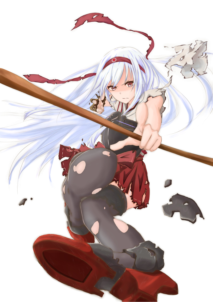 &gt;:( 1girl black_legwear bow_(weapon) foreshortening gloves hairband hakama_skirt highres japanese_clothes kantai_collection lavender_eyes long_hair looking_at_viewer miko muneate red_skirt rucchiifu shoukaku_(kantai_collection) silver_hair skirt solo thigh-highs torn_clothes torn_gloves torn_skirt torn_thighhighs weapon white_background