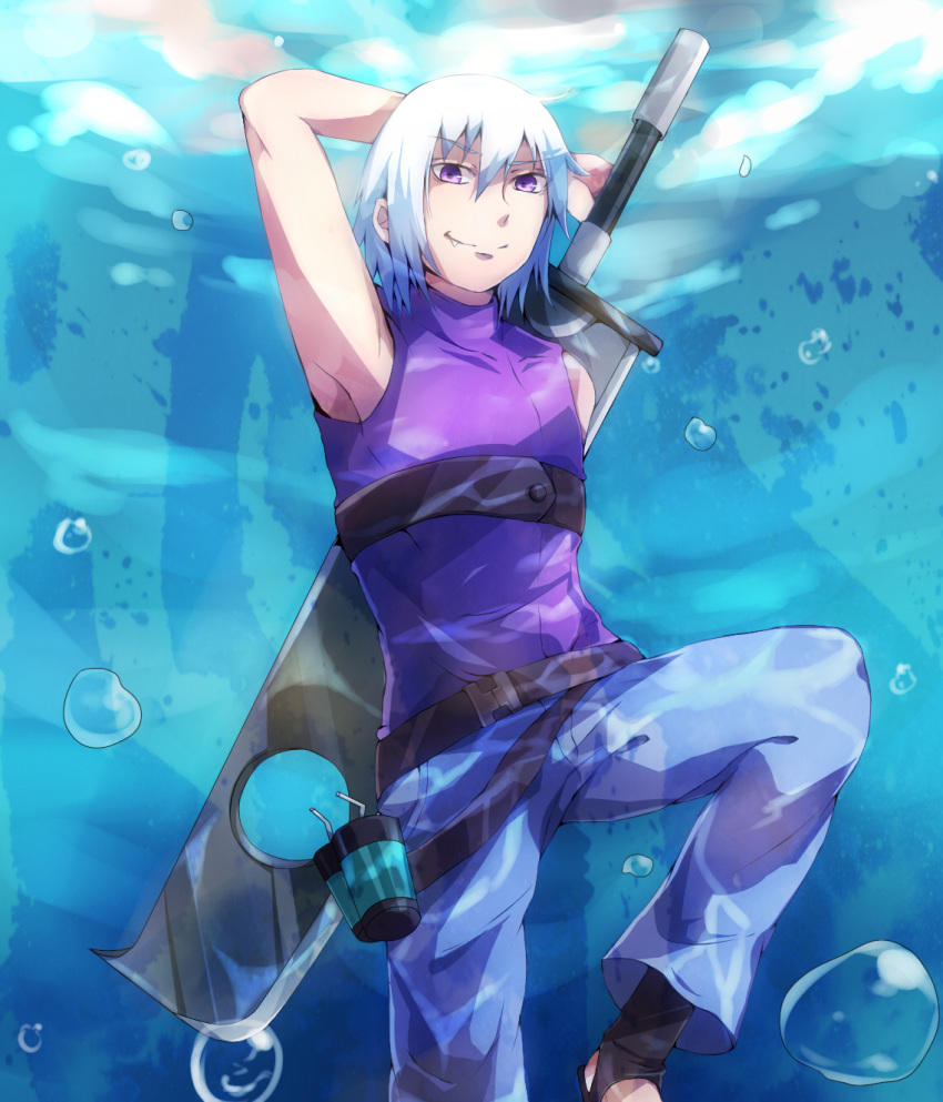 1boy bubble highres hoozuki_suigetsu kinoope naruto naruto_shippuuden solo sword underwater violet_eyes water weapon white_hair