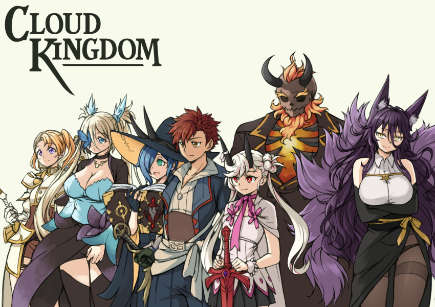 2boys 5girls al_bhed_eyes animal_ears blonde_hair blue_eyes blue_hair book breasts brown_hair butterfly butterfly_eyepatch character_request choker cleavage cloud_kingdom cowboy_shot crossed_arms elbow_gloves eyepatch fox_ears fox_tail gloves green_eyes group_shot hair_over_one_eye hand_on_hilt hat horns jewelry large_breasts long_hair long_legs multiple_boys multiple_girls necklace open_book original pantyhose pas_(paxiti) planted_sword planted_weapon purple_hair red_eyes short_twintails showgirl_skirt side_bun side_slit silver_hair slit_pupils sword tail thighband_pantyhose twintails uniform very_long_hair violet_eyes weapon witch_hat yellow_eyes
