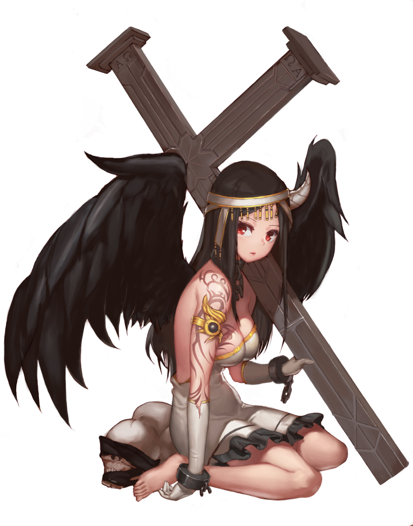 1girl absurdres angel armlet bare_back barefoot black_hair black_wings breasts bypos chain collar cross dress frilled_dress frills gloves highres horn long_hair looking_at_viewer original red_eyes sitting solo tattoo wariza white_background white_gloves wings