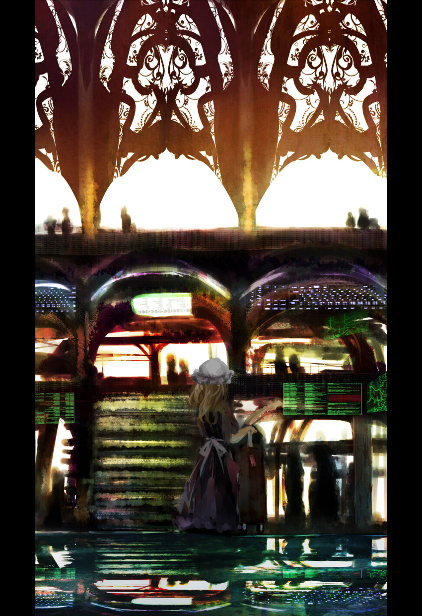 1girl absurdres architecture backlighting blonde_hair dress from_behind hat highres maribel_hearn mob_cap monitor people pillarboxed purple_dress reflection scenery solo_focus stairs standing suitcase sunlight tosk_(swav-coco) touhou train_station