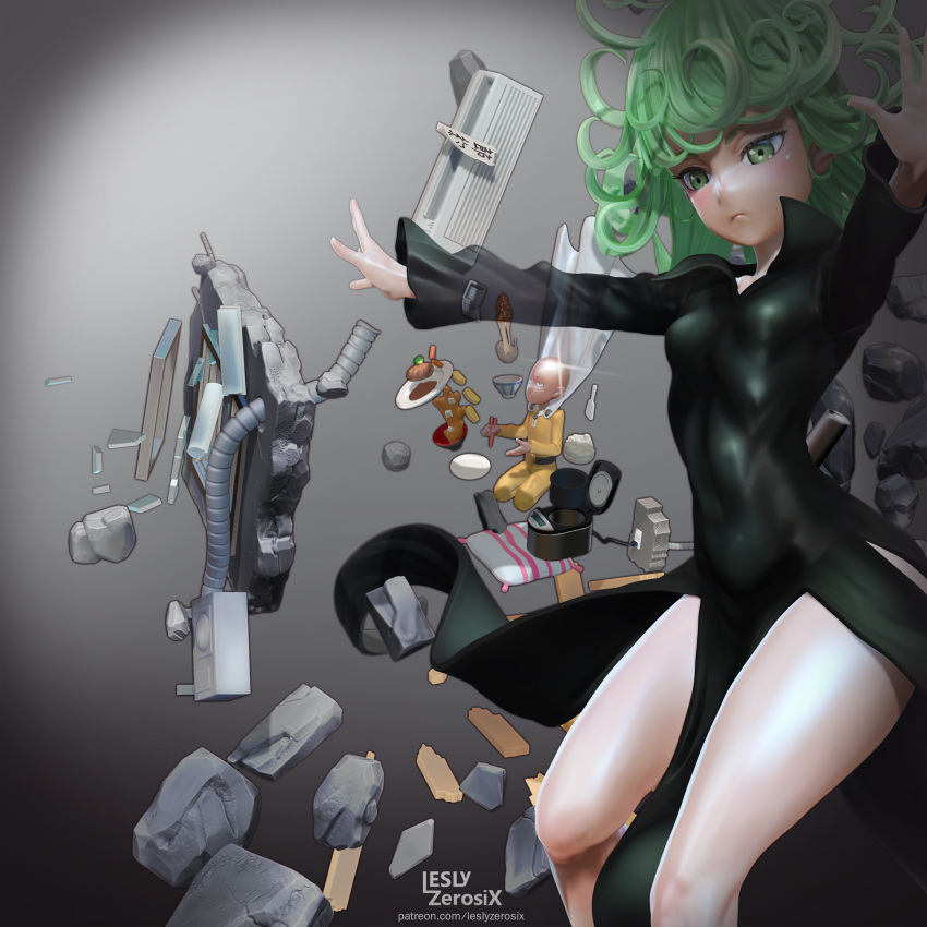 1boy 1girl 3d absurdres air_conditioner artist_name bald black_dress black_footwear broken_glass curly_hair dress electric_socket floating girder glass green_eyes green_hair high_heels highres leslyzerosix levitation long_sleeves miso_soup nattou one-punch_man open_hands outstretched_arms rebar rice rice_bowl rice_cooker rice_spoon rubble saitama_(one-punch_man) seiza short_hair sitting skin_tight solo_focus sparkle tatsumaki telekinesis thighs upper_body vacuum_cleaner watermark window