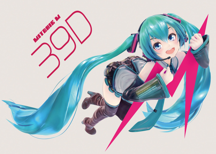1girl 3d album_cover aqua_eyes aqua_hair chuukarudoruhu commentary_request cover detached_sleeves from_above hatsune_miku headphones headset holding long_hair looking_at_viewer necktie sepia_background simple_background skirt solo thigh-highs twintails very_long_hair vocaloid