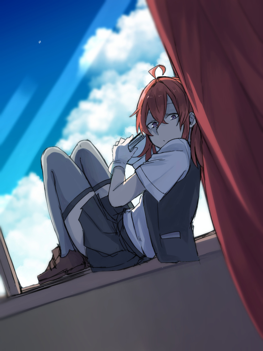 1girl ahoge alternate_eye_color arashi_(kantai_collection) blouse blue_sky book brown_shoes clouds cloudy_sky curtains gloves grey_legwear hair_between_eyes highres holding holding_book kantai_collection loafers long_hair looking_to_the_side messy_hair open_book pleated_skirt redhead school_uniform shoes short_sleeves skirt sky solo thigh-highs tsukamoto_minori vest violet_eyes white_blouse white_gloves window