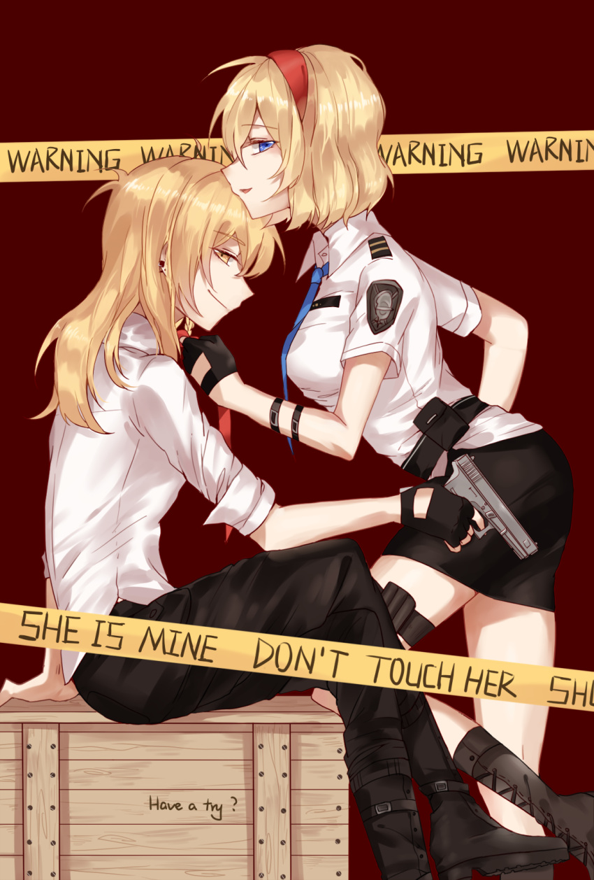 2girls alice_margatroid alternate_costume badge belt black_pants black_skirt blonde_hair blue_eyes blue_necktie boots braid breasts collared_shirt crate earrings english fingerless_gloves gloves gun hairband hand_on_hip highres holding_gun holding_weapon jewelry kirisame_marisa knee_boots looking_at_viewer looking_to_the_side meng_ziya miniskirt multiple_girls necktie necktie_grab open_mouth pants pointy_nose police police_uniform policewoman profile red_necktie shiny shiny_hair shirt short_sleeves single_braid sitting skirt sleeves_rolled_up smile standing thigh_strap thighs touhou uniform untucked_shirt weapon white_shirt yellow_eyes