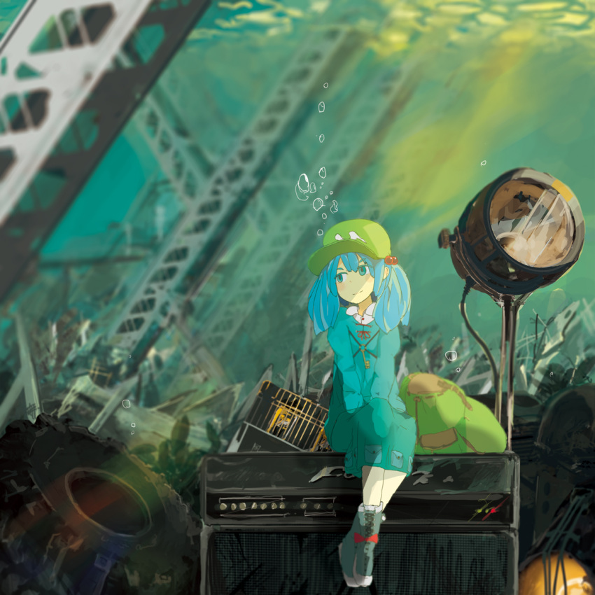 1girl album_cover backpack backpack_removed bag blue_hair blue_jacket blue_skirt blush boots bow bubble cabbie_hat caustics cover day debris hands_on_lap hat highres jacket junk kawashiro_nitori kei_(kaede60) key light_reflection_(water) long_sleeves looking_to_the_side pocket rubber_boots shoe_bow shoes sitting sketch skirt smile solo speaker spotlight steel_beam tire touhou two_side_up underwater