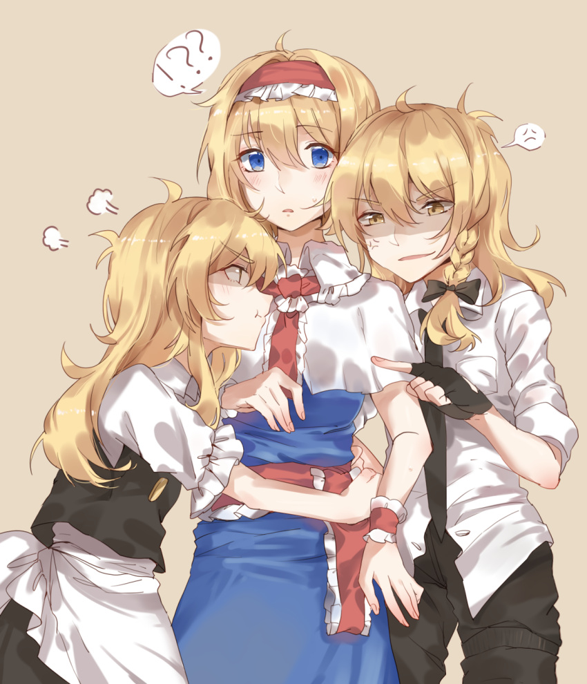 !? 3girls alice_margatroid anger_vein angry apron black_gloves black_necktie black_pants black_skirt black_vest blonde_hair blue_dress bow braid brown_background capelet collared_shirt dress dual_persona fingerless_gloves frilled_sleeves frills girl_sandwich gloves hair_bow hairband highres hug kirisame_marisa long_hair looking_at_another meng_ziya multiple_girls pants pointing pout ribbon sandwiched shaded_face shirt short_hair short_sleeves simple_background single_braid skirt sleeves_rolled_up spoken_anger_vein talking touhou untucked_shirt waist_apron white_shirt wrist_cuffs yellow_eyes
