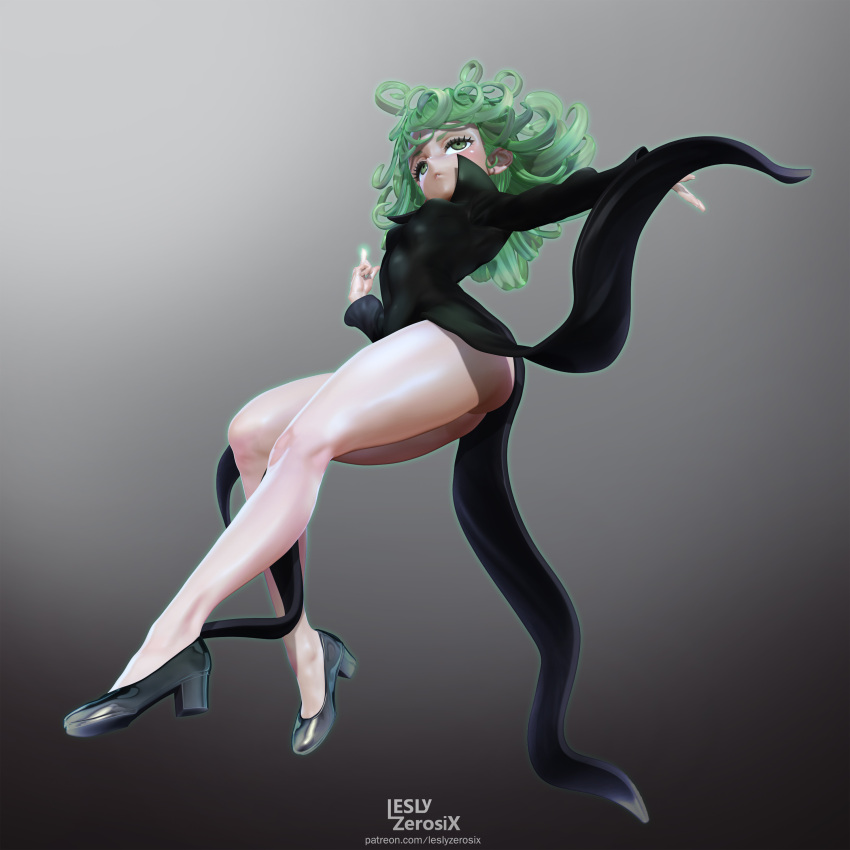 1girl 3d absurdres artist_name black_dress black_footwear curly_hair dress floating from_below full_body glowing glowing_hand green_eyes green_hair high_heels highres leslyzerosix long_sleeves looking_at_viewer navel one-punch_man open_hand outstretched_arm pointing pointing_up skin_tight solo tatsumaki thighs watermark
