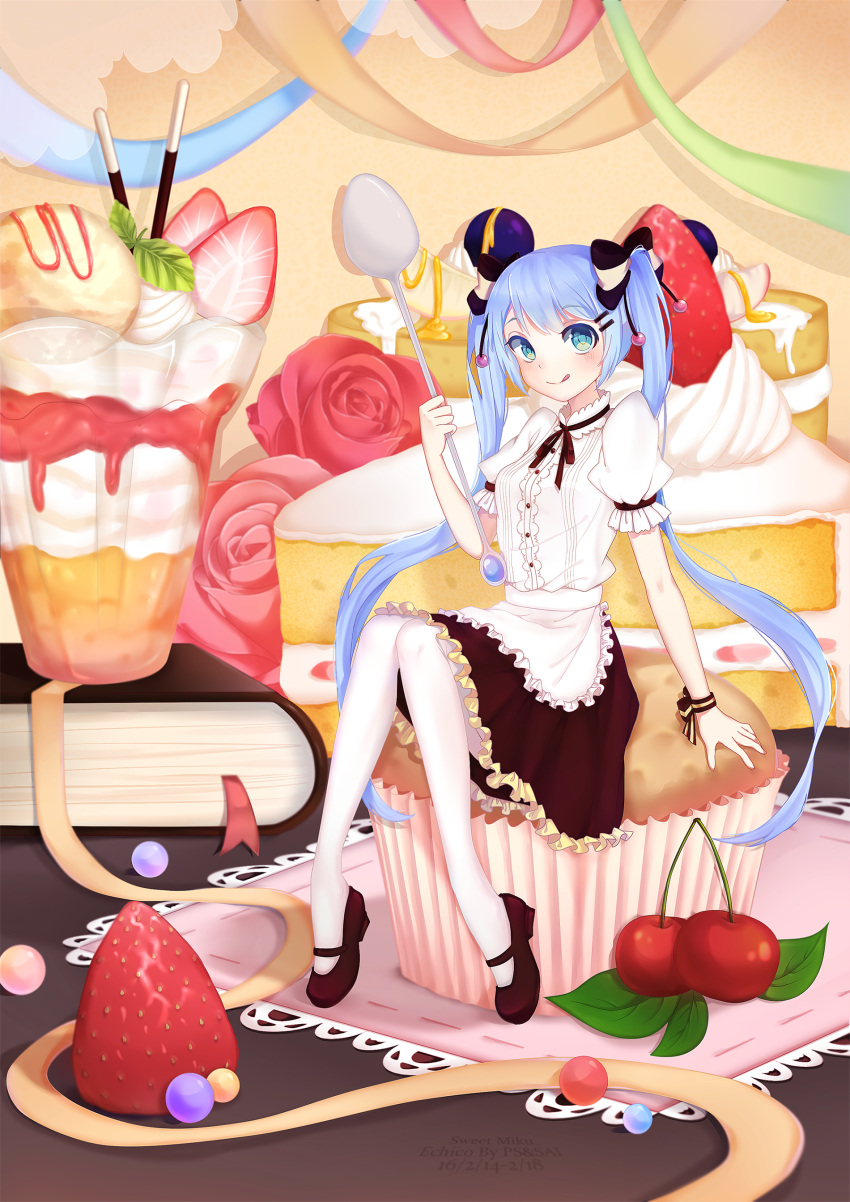 1girl 323 :q absurdly_long_hair absurdres aqua_eyes blue_hair blush book cake cherry cupcake flower food fruit hatsune_miku highres ice_cream in_food long_hair looking_at_viewer mary_janes minigirl pantyhose pocky rose shoes sitting skirt smile solo spoon strawberry sundae sweets tongue tongue_out twintails very_long_hair vocaloid