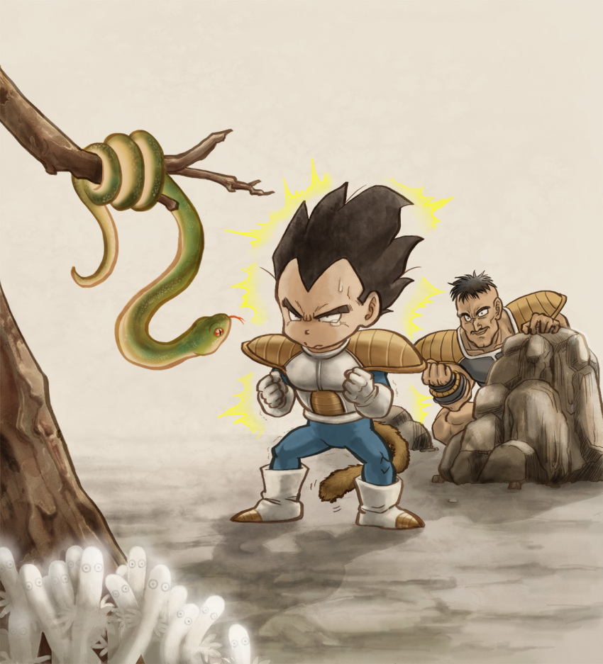 alternate_hairstyle armor aura black_hair boots clenched_hand clenched_hands dragon_ball dragon_ball_z facial_hair forked_tongue hiding highres monkey_tail mustache nappa rock shadow shoulder_pads snake sweat tears tongue trembling uirina vegeta white_boots white_tail widow's_peak younger