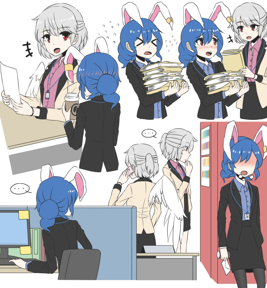&gt;_&lt; ... 2girls alternate_costume animal_ears blue_hair blush breath cellphone chair closed_eyes coffee_cup commentary_request computer flying_sweatdrops folder fuente hiding highres kishin_sagume multiple_girls office_lady open_mouth paper phone rabbit_ears red_eyes seiran_(touhou) sitting spoken_ellipsis sticky_note touhou white_hair