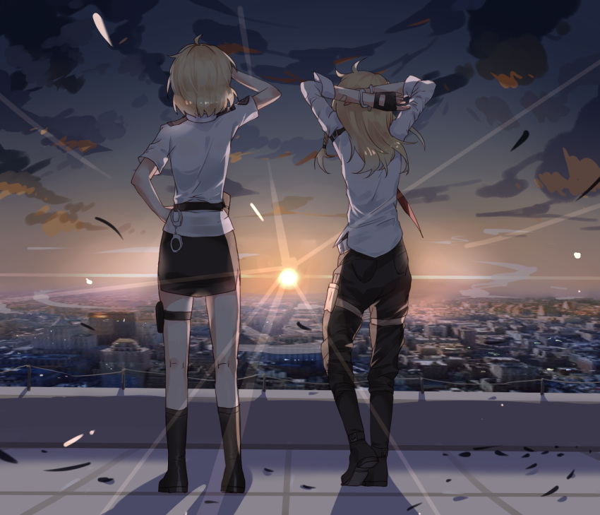 2girls alice_margatroid alternate_costume arms_behind_head belt black_boots black_gloves black_pants black_skirt blonde_hair boots braid city cityscape clouds collared_shirt cuffed cuffs evening feathers fingerless_gloves from_behind gloves hand_on_hip handcuffs highres horizon kirisame_marisa knee_boots kneepits light_trail long_hair long_sleeves looking_afar meng_ziya multiple_girls necktie night night_sky pants red_necktie scenery shading_eyes shadow shiny shiny_hair shirt short_hair short_sleeves skirt sky standing sunlight sunset thigh_strap touhou untucked_shirt white_shirt wind