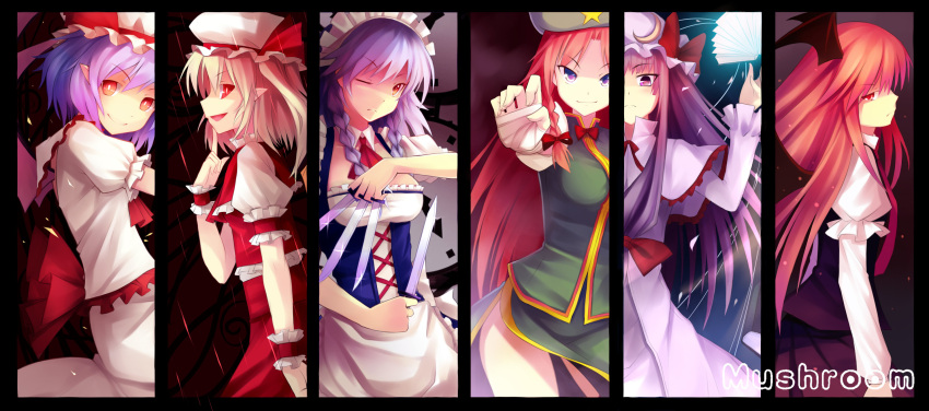 6+girls :d apron artist_name bad_id bandages bat_wings capelet column_lineup dress flandre_scarlet frills hat highres hong_meiling izayoi_sakuya knife koakuma looking_at_viewer maid_headdress mob_cap multiple_girls mushroom_(artist) open_mouth patchouli_knowledge puffy_sleeves remilia_scarlet smile the_embodiment_of_scarlet_devil touhou waist_apron wings