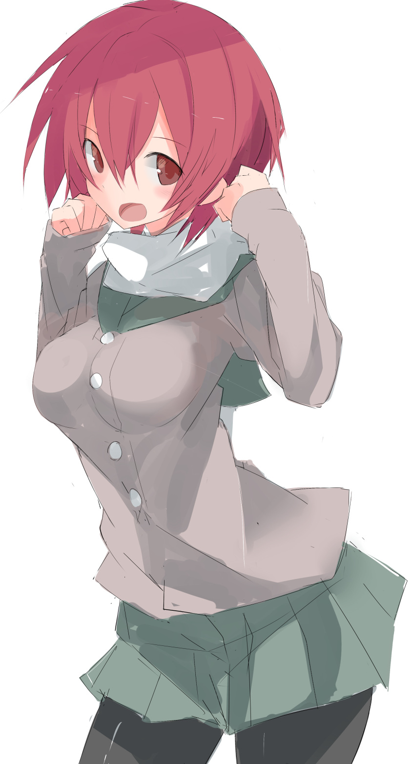1girl :d absurdres black_legwear blush buttons coat cowboy_shot green_skirt hand_on_own_cheek highres kantai_collection kinu_(kantai_collection) long_sleeves looking_at_viewer nao_(qqqbb) open_mouth pantyhose red_eyes redhead scarf short_hair simple_background skirt sleeves_past_wrists smile solo standing white_background white_scarf