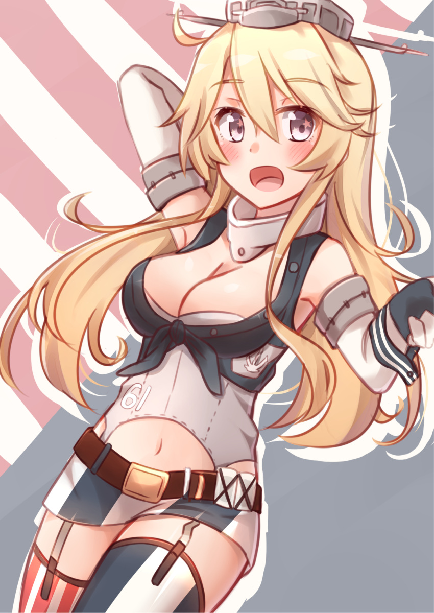 1girl :d american_flag_background anchor_symbol armpits bare_shoulders belt black_gloves black_shirt blue_legwear blue_skirt blush breasts buckle cleavage crop_top detached_sleeves fingerless_gloves front-tie_top garter_straps gloves grey_hat hair_between_eyes hat highres iowa_(kantai_collection) jewelry kantai_collection kapatarou lavender_eyes leg_garter long_hair long_sleeves mismatched_legwear multicolored_skirt navel neck_ring number open_clothes open_mouth open_shirt peaked_cap red_legwear shirt sidelocks skirt smile solo stomach striped striped_shirt tareme thigh-highs unbuttoned very_long_hair white_legwear white_skirt wrist_cuffs zettai_ryouiki