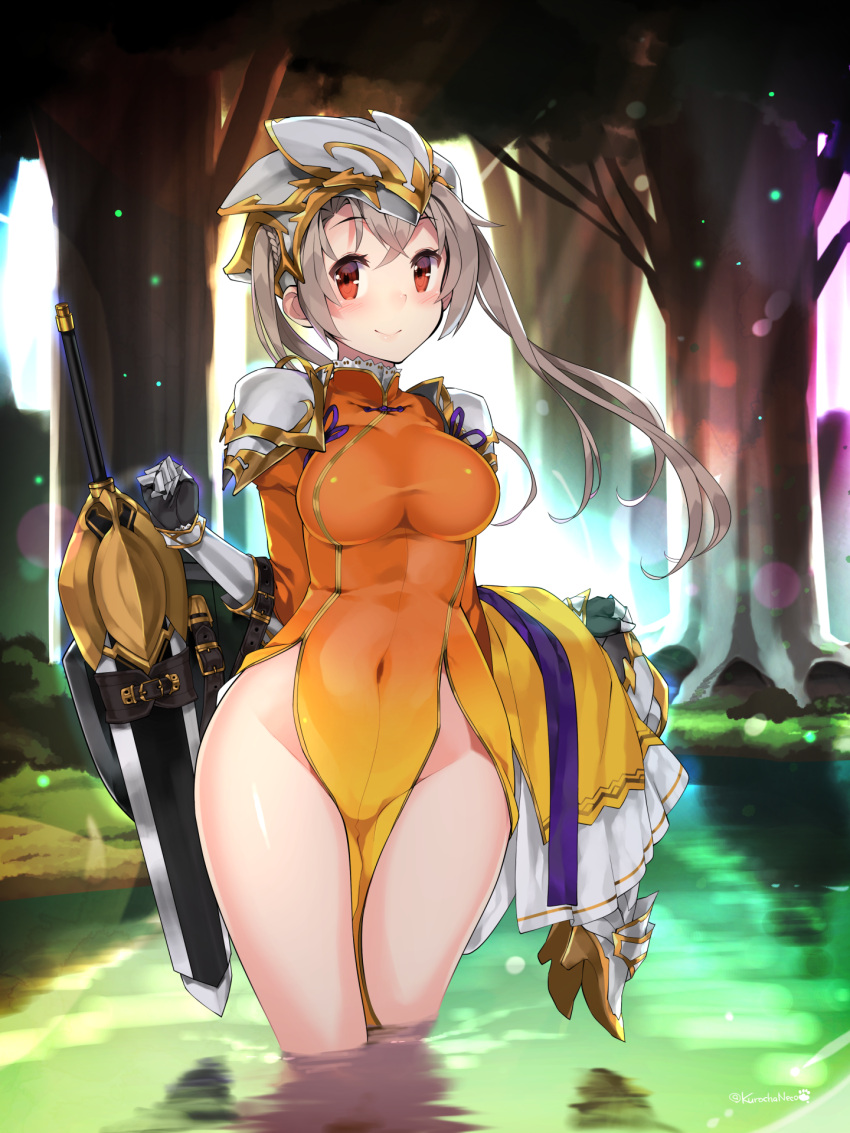 1girl armor artist_name backlighting blush breasts carrying_clothes china_dress chinese_clothes covered_navel dress floating_hair flower_knight_girl gauntlets greaves groin hair_between_eyes helmet highres hips holding_clothes kinrenka_(flower_knight_girl) kuro_chairo_no_neko large_breasts lens_flare light_rays looking_at_viewer outdoors pelvic_curtain plant red_eyes reflection shield shoes_removed shoulder_pads silver_hair skin_tight skirt skirt_removed smile solo sunlight swamp sword thighs tree twintails wading walking water weapon wide_hips wind
