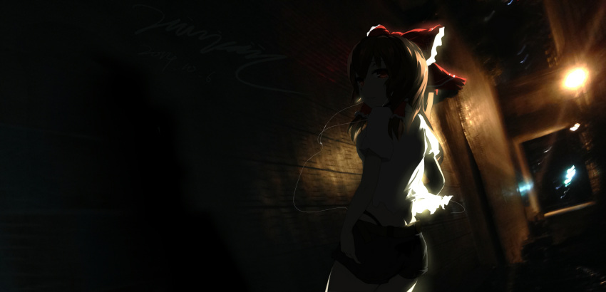 1girl alley alternate_costume artist_name bad_id belt blurry bow brick_wall brown_hair contemporary dated earphones earphones from_behind hair_bow hair_tubes hakurei_reimu hands_in_pockets highres light long_hair looking_at_viewer looking_back midriff mivit photo_background red_eyes shirt shorts signature solo standing touhou