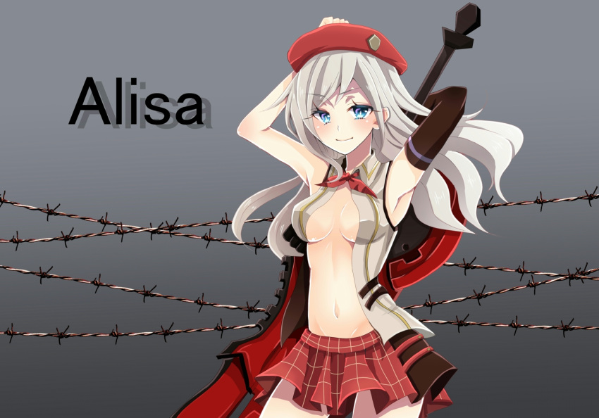 1girl alisa_ilinichina_amiella armpits arms_behind_head arms_up bare_shoulders black_boots black_gloves blue_eyes blush boots breasts cabbie_hat elbow_gloves fingerless_gloves gloves god_eater god_eater_2:_rage_burst hat holding_weapon huge_weapon katou_kuroko long_hair looking_at_viewer open_clothes over_shoulder pantyhose plaid silver_hair skirt smile solo standing suspender_skirt suspenders sword thigh-highs thigh_boots upper_body weapon