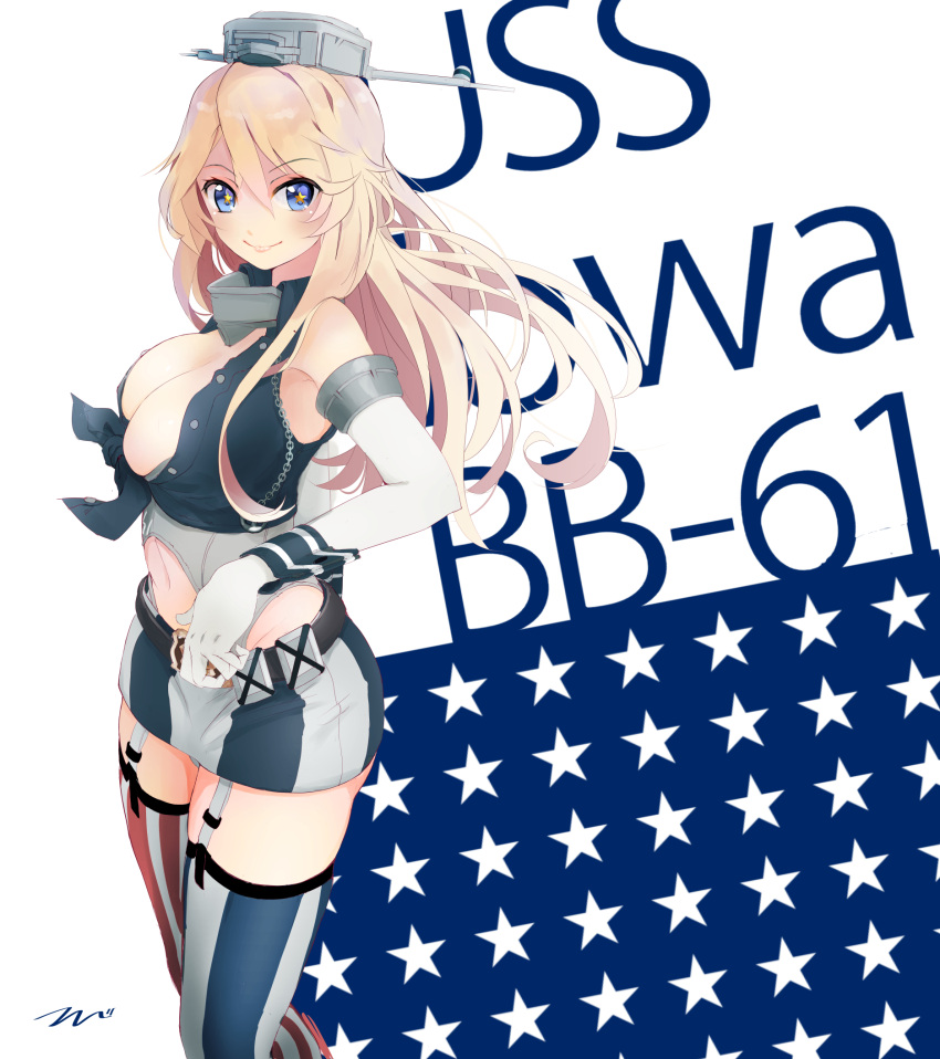 1girl antenna_hair armpits artist_name bare_shoulders belt black_ribbon blonde_hair blue_eyes blue_legwear blush breasts buckle character_name cleavage closed_mouth crop_top elbow_gloves front-tie_top garter_straps gloves grey_hat hair_between_eyes hand_on_hip headgear highres horizontal_stripes iowa_(kantai_collection) jewelry kantai_collection large_breasts lips looking_at_viewer mismatched_legwear namesake navel neck_ring open_clothes open_shirt red_legwear ribbon shirt signature simple_background solo standing star star-shaped_pupils star_print stomach symbol-shaped_pupils tbd11 thigh-highs tsurime unbuttoned underbust uss_iowa_(bb-61) white_background white_gloves white_legwear wrist_cuffs zettai_ryouiki