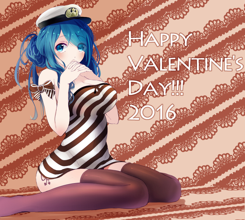 1girl 2016 beige_background blue_eyes blue_hair blush bow breasts brown_background brown_bow brown_legwear brown_panties cleavage covered_navel dress emblem eyes_visible_through_hair female_admiral_(kantai_collection) hair_bun hair_over_one_eye hands_together happy_valentine hat heart highres interlocked_fingers kantai_collection large_breasts looking_at_viewer multicolored_dress panties peaked_cap side-tie_panties simple_background sitting solo tareme tbd11 thigh-highs thighs two-tone_background underwear valentine wariza white_hat zettai_ryouiki