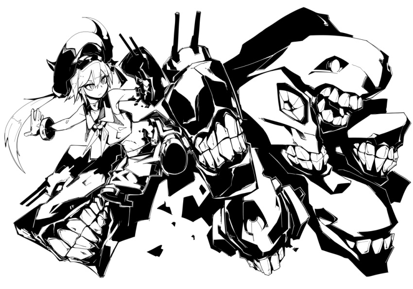 1girl amputee arm_cannon beret cannon choker cuffs deel_(rkeg) destroyer_hime flat_chest gloves ha-class_destroyer hat hips horns i-class_destroyer kantai_collection midriff monochrome navel ni-class_destroyer ro-class_destroyer school_uniform serafuku shackles shinkaisei-kan side_ponytail skirt teeth weapon