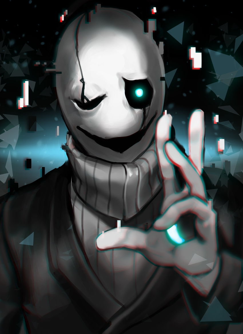 1boy absurdres chromatic_aberration crack formal glitch glowing glowing_eye goblina highres hole solo suit tagme turtleneck undertale upper_body w.d._gaster