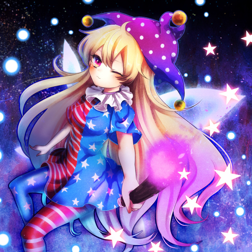 1girl ;3 american_flag_legwear american_flag_shirt blonde_hair blush closed_mouth clownpiece fairy fairy_wings fire floating gradient_hair hat hatasan highres holding horizontal_stripes jester_cap long_hair looking_at_viewer mismatched_legwear multicolored_hair pantyhose pink_eyes pink_fire pink_hair polka_dot_hat shirt short_sleeves smile solo star star_print starry_background striped striped_shirt torch touhou very_long_hair wings wood