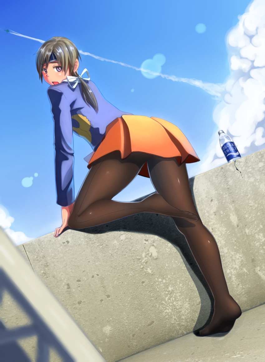 1girl :d airplane black_legwear blue_sky blurry blush bottle brown_hair brown_legwear chitose_(kantai_collection) condensation_trail depth_of_field dominico flying hair_ribbon headband highres jet kantai_collection legs_up long_sleeves looking_back low_ponytail no_shoes open_mouth orange_skirt outdoors pantyhose pleated_skirt pocari_sweat railing ribbon short_hair silhouette skirt sky smile smoke solo standing_on_one_leg violet_eyes water water_bottle white_ribbon