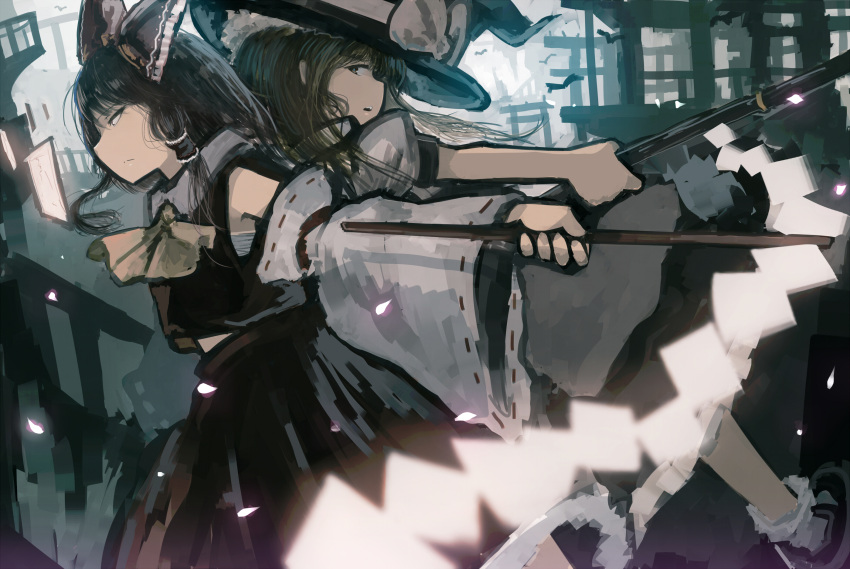 2girls armband ascot back-to-back bird black_hair black_shoes black_skirt blonde_hair blurry bow broom brown_eyes depth_of_field detached_sleeves foreshortening glowing gohei hair_bow hair_tubes hakurei_reimu hat hat_bow highres holding_broom kirisame_marisa long_hair long_skirt looking_afar looking_at_another mary_janes mifuru multiple_girls multiple_torii outstretched_arms petals puffy_short_sleeves puffy_sleeves red_eyes red_shirt red_skirt ribbon-trimmed_sleeves ribbon_trim sarashi serious shirt shoes short_sleeves skirt sleeveless sleeveless_shirt socks talismans touhou turtleneck white_legwear white_shirt wind witch_hat