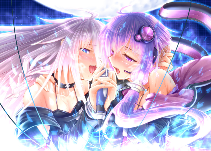 2girls :d :o ahoge animal_hood black_shirt blue_eyes blush braid breasts bunny_hood cable cleavage collarbone criss-cross_halter detached_sleeves floating_hair frills full_moon gizensha glass glowing hair_ornament hair_over_one_eye hair_tubes hairpin half-closed_eyes halter_top halterneck hand_on_another's_head hand_on_another's_shoulder headset highres holding_microphone hood hood_down hoodie hug ia_(vocaloid) long_hair long_sleeves microphone moon multiple_girls nose_blush off-shoulder_shirt open_mouth purple_shirt shatter shirt silver_hair singing single_braid smile upper_body very_long_hair vocaloid voiceroid yuzuki_yukari