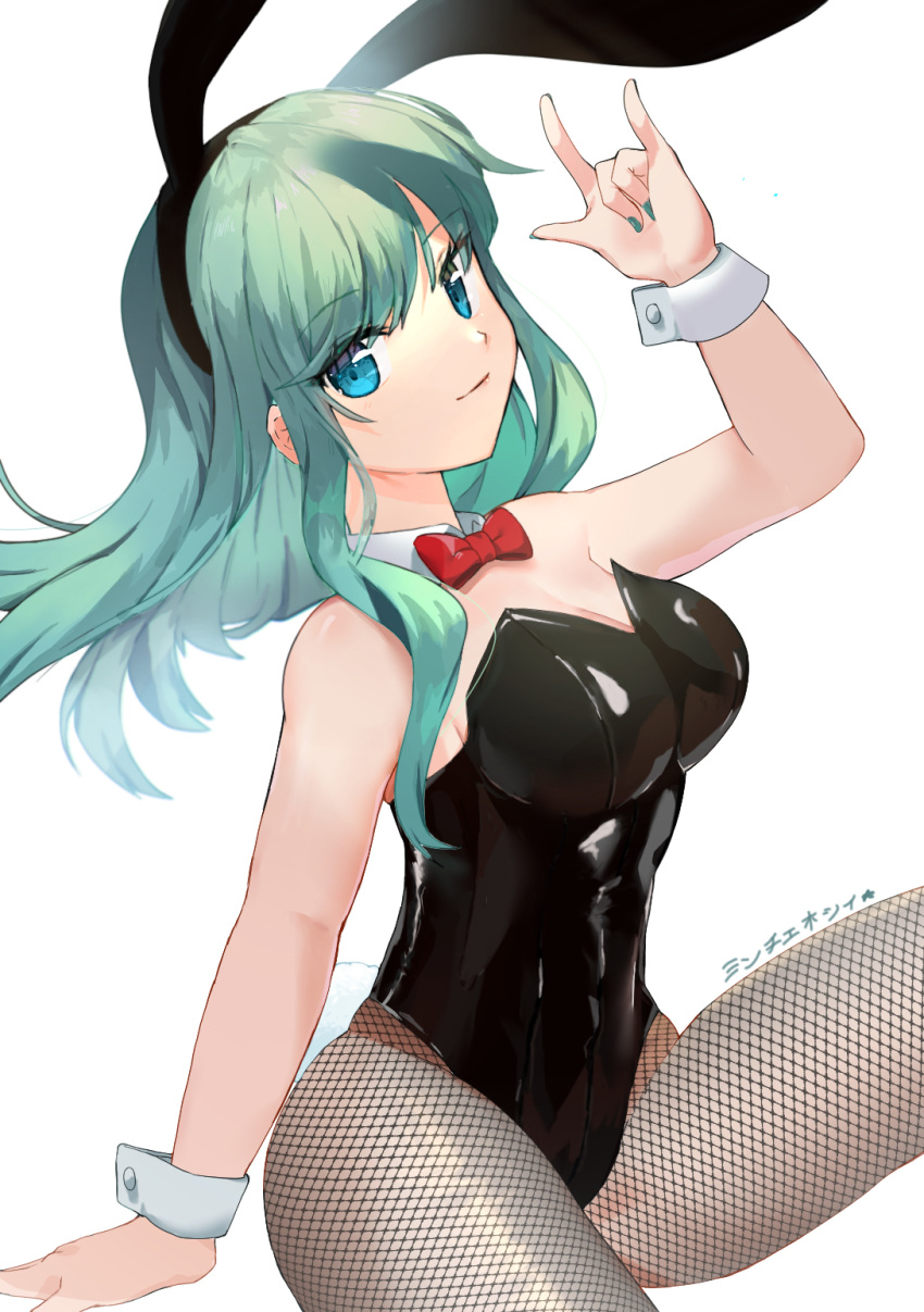 1girl animal_ears blue_eyes blush breasts bulma detached_collar dragon_ball dragon_ball_(classic) green_hair highres long_hair looking_at_viewer medium_breasts mintyhoshii playboy_bunny rabbit_ears ribbon simple_background sitting sleeve_cuffs smile solo white_background
