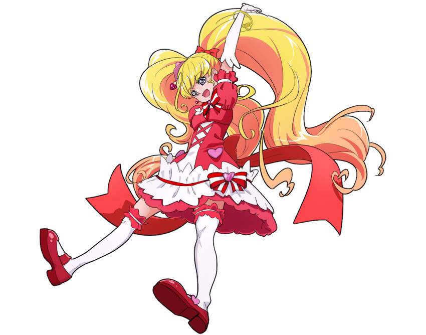 1girl :d arm_up asahina_mirai blonde_hair blue_eyes bow cure_miracle elbow_gloves frills full_body gloves hair_bow long_hair magical_girl mahou_girls_precure! mary_janes nukosann open_mouth precure puffy_sleeves red_bow red_shoes ruby_style shoes skirt smile solo striped striped_bow thigh-highs twintails white_background white_gloves white_legwear