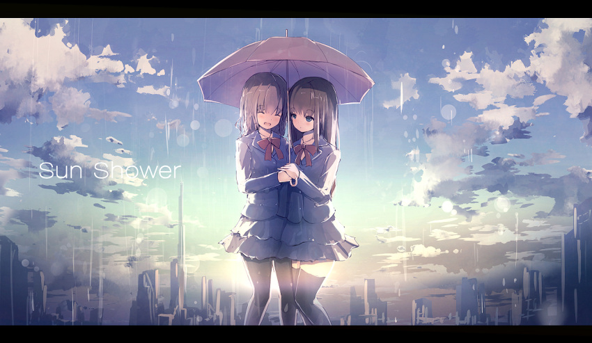 2girls :d ^_^ ^o^ backlighting black_legwear blazer blue_jacket blue_skirt blue_sky blush bow bowtie brown_hair building cityscape closed_eyes clouds english eyebrows eyebrows_visible_through_hair high-waist_skirt holding holding_umbrella jacket layered_skirt long_sleeves missile228 multiple_girls open_mouth original outdoors pantyhose plaid rain red_bow red_bowtie sidelocks skirt sky skyscraper smile standing sunlight thigh-highs tower umbrella water yuri