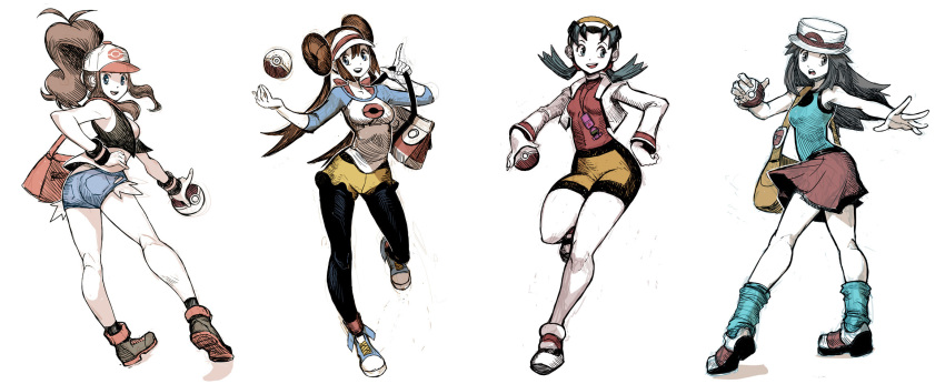 4girls baseball_cap beanie bike_shorts black_hair blue_(pokemon) blue_eyes brown_eyes brown_hair cropped_jacket crystal_(pokemon) double_bun full_body genzoman hand_on_hip hat highres holding holding_poke_ball jacket jewelry long_hair looking_back loose_socks low_twintails mei_(pokemon) multiple_girls open_clothes open_jacket open_mouth outstretched_hand pendant poke_ball pokegear pokemon pokemon_(game) pokemon_bw pokemon_bw2 pokemon_frlg pokemon_gsc ponytail running shoes short_shorts shorts sketch skirt small_breasts smile sneakers socks tagme touko_(pokemon) twintails vest visor_cap wristband