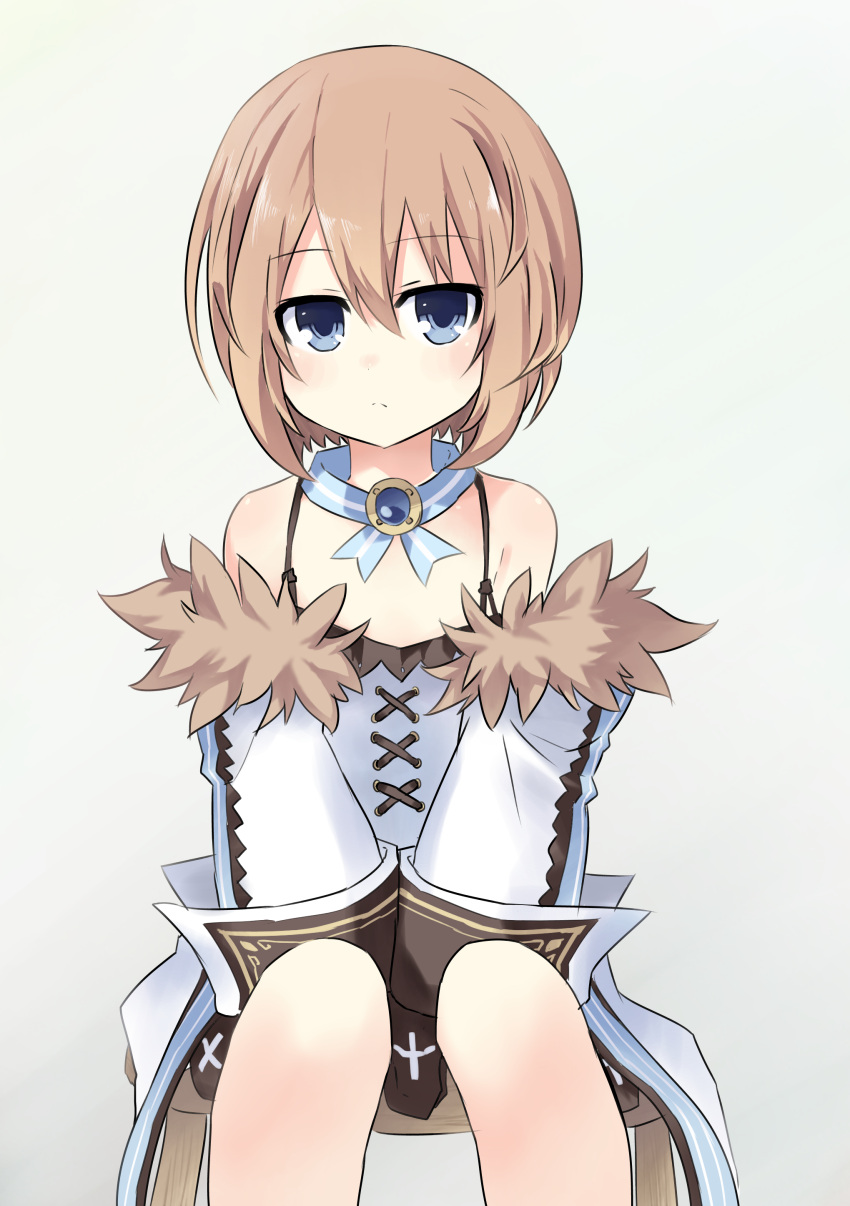 1girl absurdres bare_shoulders blanc blancpig_yryr blue_eyes blush brown_hair fur_trim highres looking_at_viewer neptune_(series) short_hair sitting solo