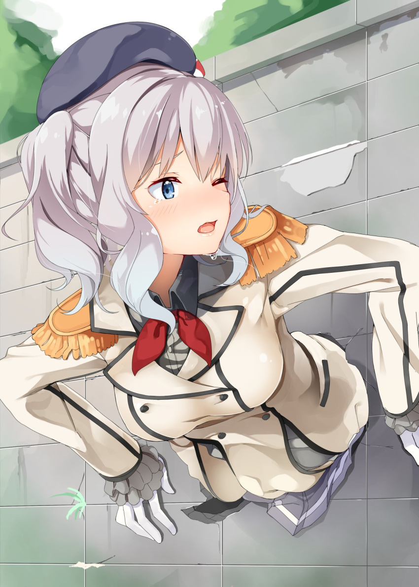 1girl ;o beret black_hat black_shirt blue_eyes blue_skirt blush breasts buttons crevice double-breasted dress_shirt dripping epaulettes frilled_sleeves frills gloves hat highres kantai_collection kashima_(kantai_collection) kerchief long_hair long_sleeves looking_back military military_uniform one_eye_closed outdoors parted_lips plant pleated_skirt red_ribbon restrained ribbon shirt shizuka_(deatennsi) silver_hair skirt solo stuck sweat sweatdrop teardrop tears tree uniform wall white_gloves