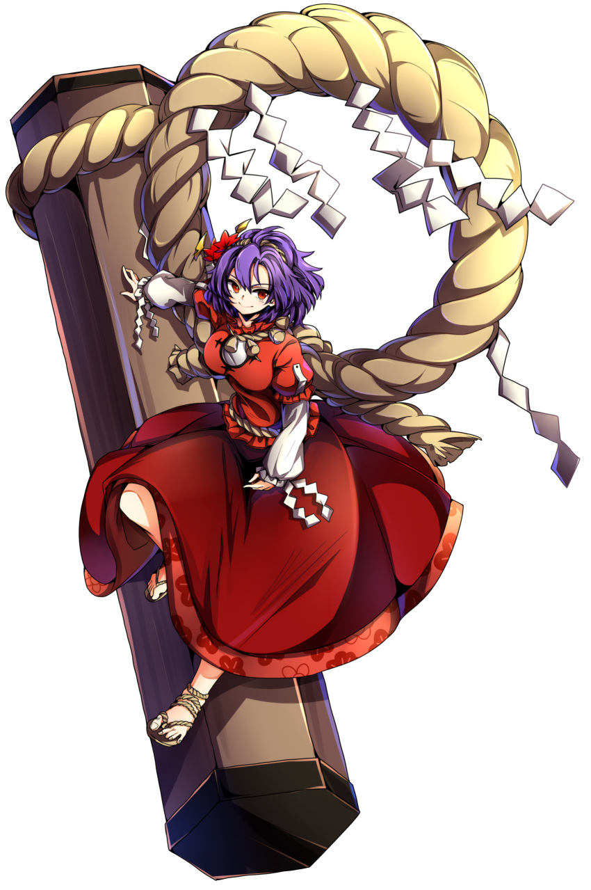 1girl absurdres anklet baba_(baba_seimaijo) full_body hairband highres jewelry leaf leaf_on_head long_skirt long_sleeves looking_at_viewer maple_leaf mirror no_socks onbashira puffy_sleeves purple_hair red_eyes rope sandals shimenawa shirt short_hair skirt smile solo source_request touhou transparent_background waraji yasaka_kanako