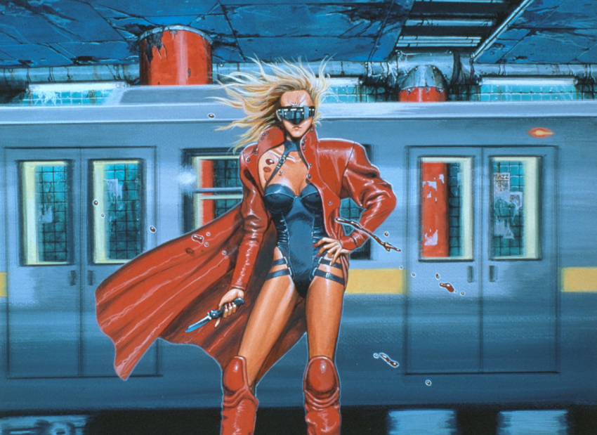 1girl a.d._police_files blonde_hair blood boots bustier knife oldschool solo subway sunglasses tony_takezaki traditional_media trench_coat
