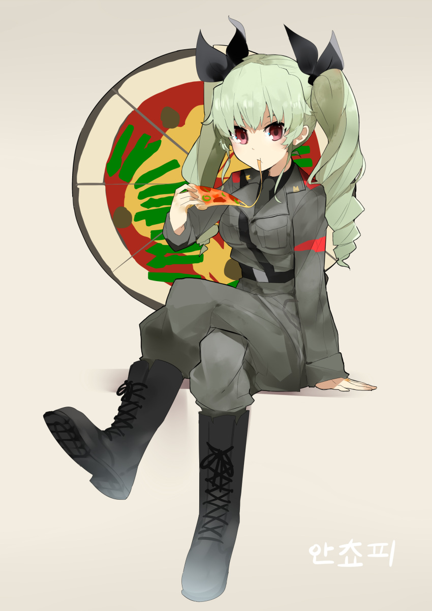 1girl absurdres anchovy belt boots brown_eyes cirnocchi cross-laced_footwear crossed_legs drill_hair eating food girls_und_panzer green_hair hair_ribbon highres long_hair looking_at_viewer military military_uniform pizza ribbon sitting solo twin_drills twintails uniform