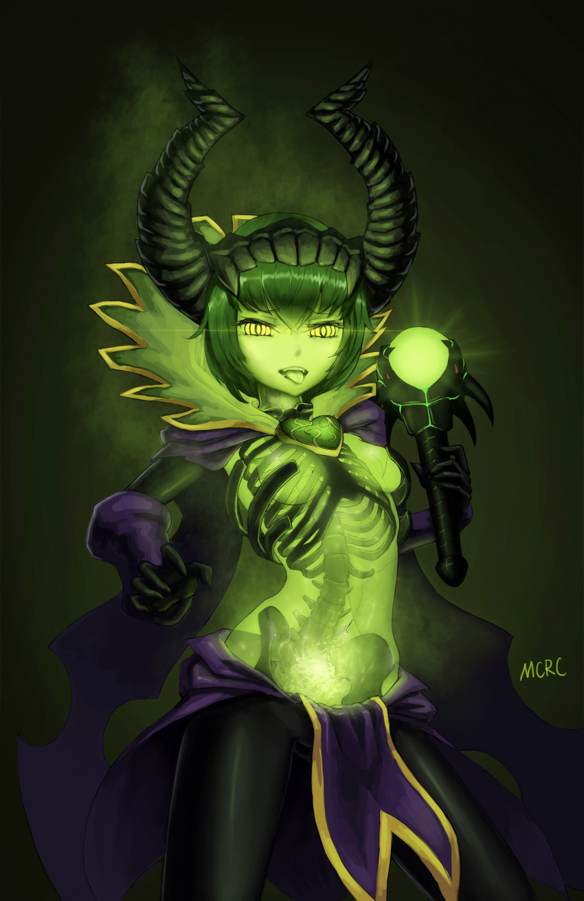 1girl absurdres artist_name bone cape defense_of_the_ancients dota_2 gloves glowing glowing_eyes goo_girl green green_hair green_skin highres horns mcrc_science monster_girl open_mouth pants pelvic_curtain personification popped_collar pugna_(dota_2) ribs scepter short_hair skeleton solo tongue tongue_out yellow_eyes